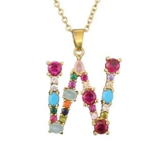 W Initial Pendant Necklace Multi-color Rhinestones Gold Tone Chain